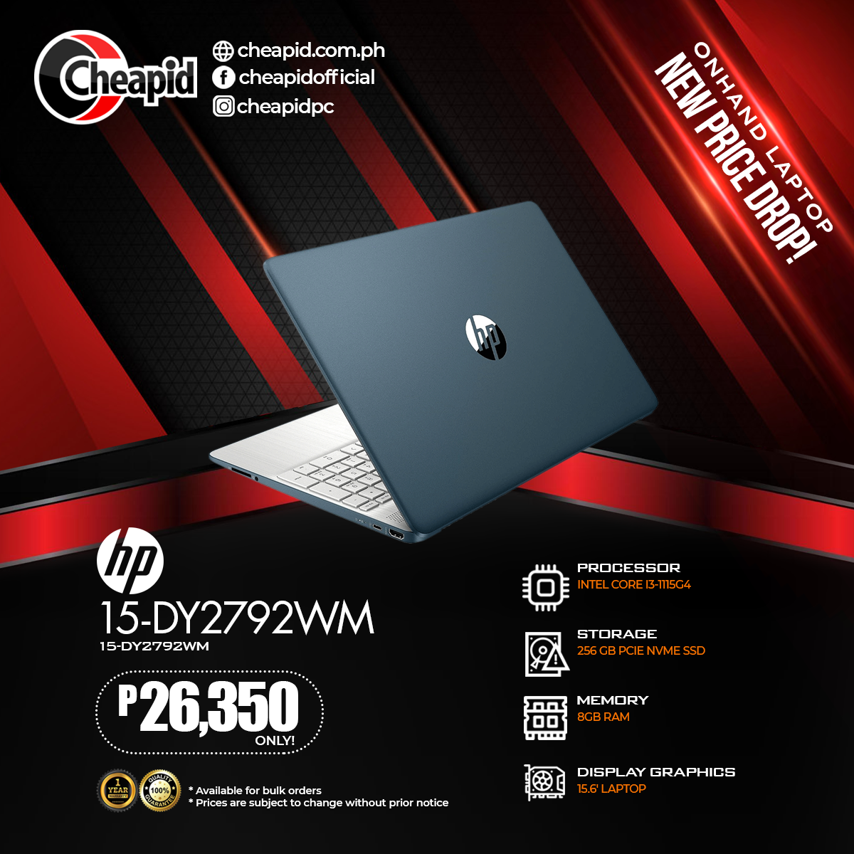 HP 15.6 Inch Laptop with Intel Core i3-1115G4 8GB RAM 256 GB PCIe NVMe SSD Windows 11 Home (15-DY2792WM)
