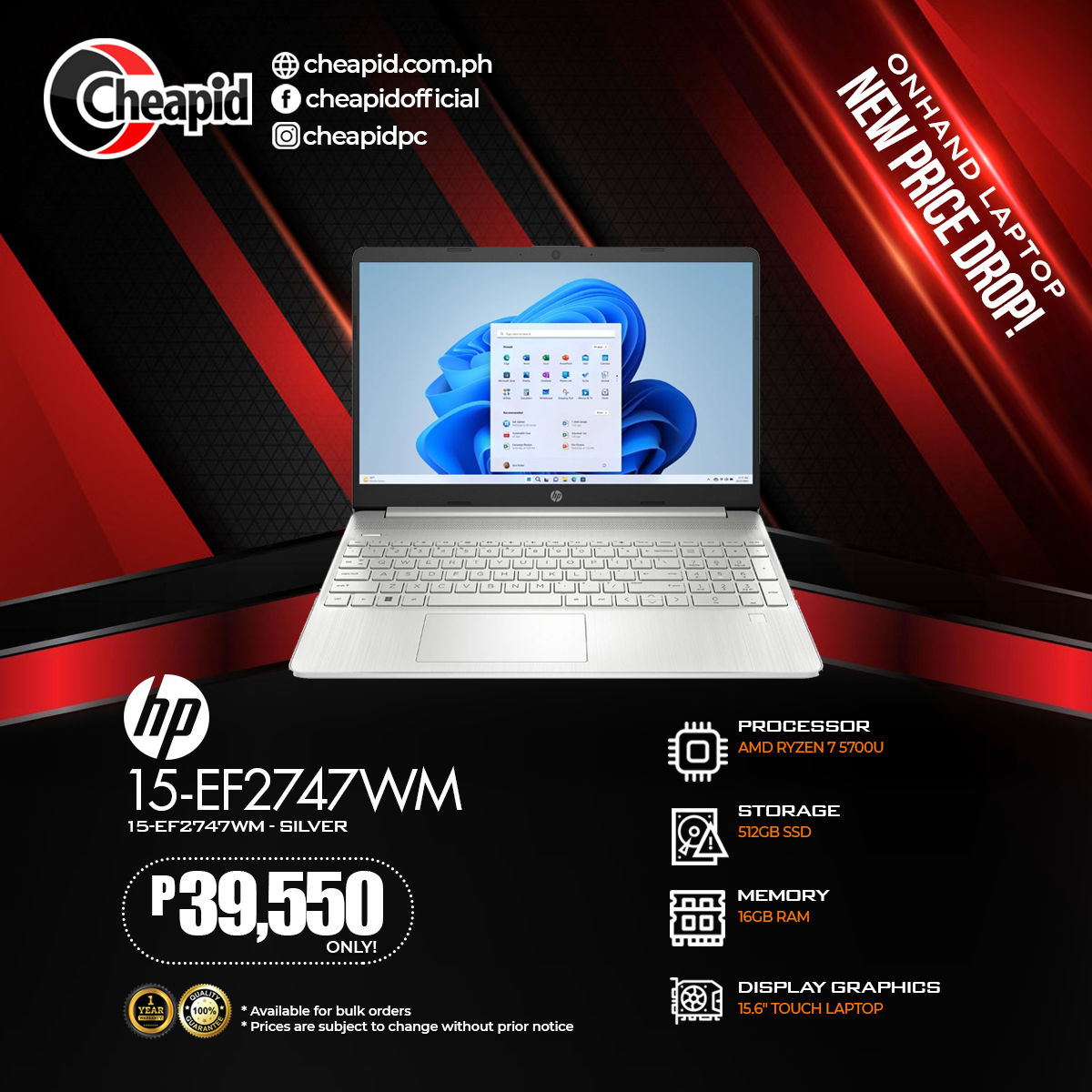 HP 15.6 Inch Touch Laptop with AMD Ryzen 7 5700U 16GB RAM 512GB SSD Windows 11 Home - Silver (15-EF2747WM)