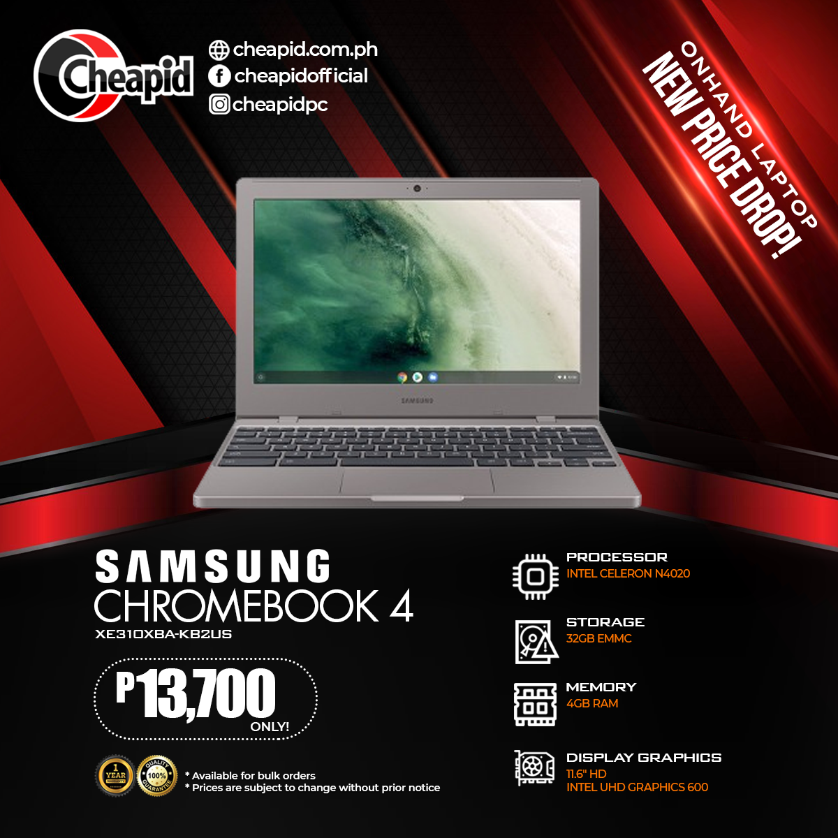 Samsung Chromebook 4 11.6 Inches HD with Intel Celeron N4020 4GB RAM 32GB eMMC Intel UHD Graphics 600 (XE310XBA-KB2US)