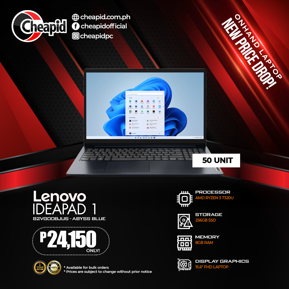 Lenovo Ideapad 1 15.6 Inches FHD Laptop with AMD Ryzen 3 7320U, 8GB RAM, 256GB SSD, Windows 11 in S Mode - Abyss Blue (82VG00BJUS)