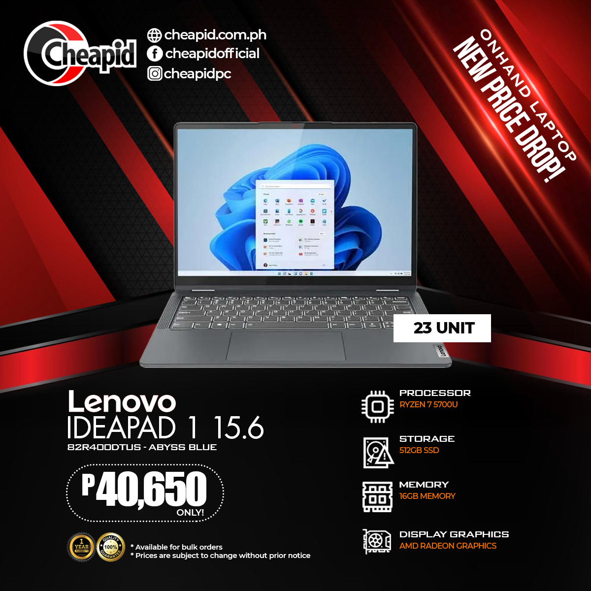 Lenovo Ideapad 1 15.6 Inches Laptop with AMD Ryzen 7 5700U AMD Radeon Graphics 512GB SSD 16GB Memory Touchscreen Windows 11 Home - Cloud Gray (82R400DTUS)