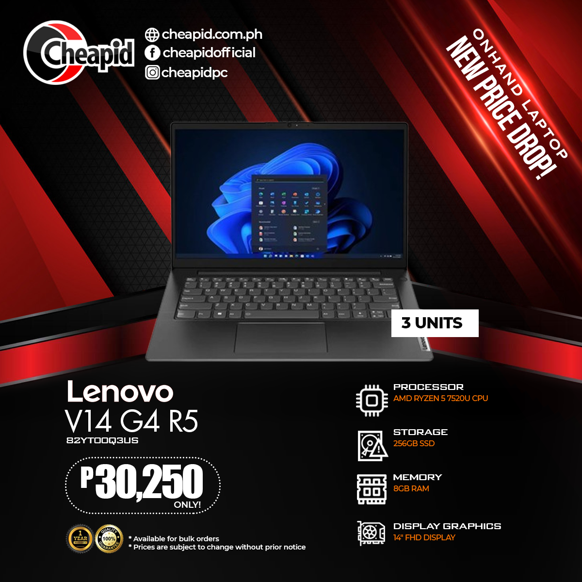 Lenovo V14 G4 R5 Laptop with 14 Inch FHD Display - AMD Ryzen 5 7520U CPU 8GB RAM 256GB SSD Windows 11 Pro Laptop (82YT00Q3US)