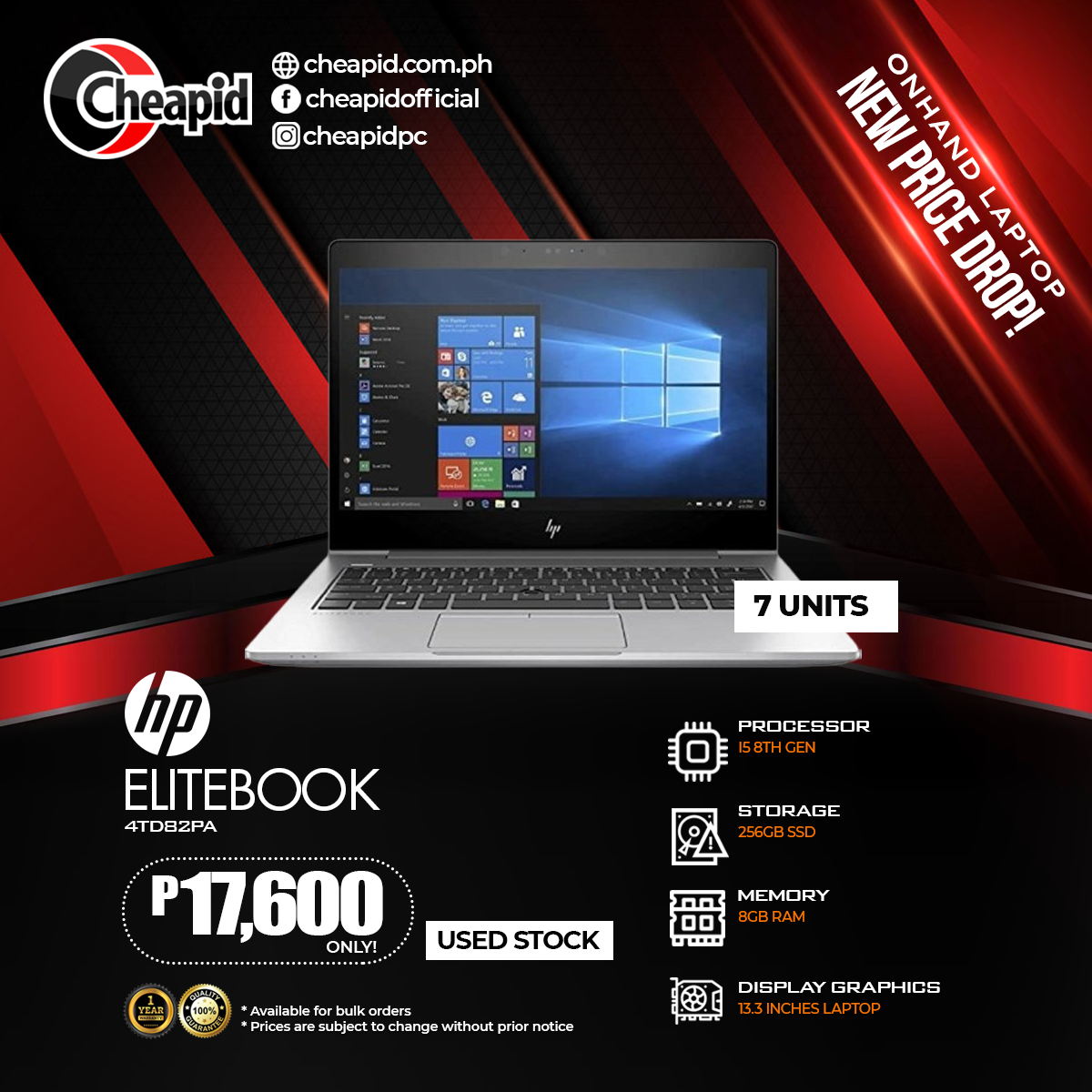 HP Elitebook (Certified Used Stock) Laptop with Intel Core i5 8TH GEN 8GB RAM 256GB SSD (4TD82PA)