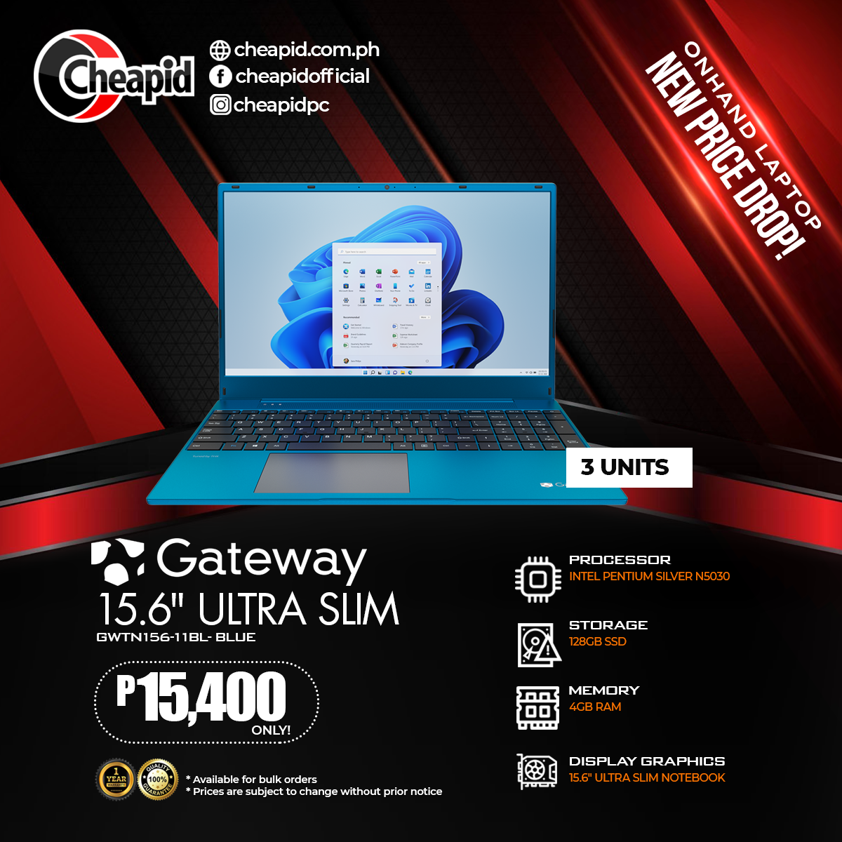 Gateway 15.6 Ultra Slim Notebook - Intel Pentium Silver N5030 4GB RAM 128GB EMMC Windows 10 Home Blue Laptop (GWTN156-11BL)