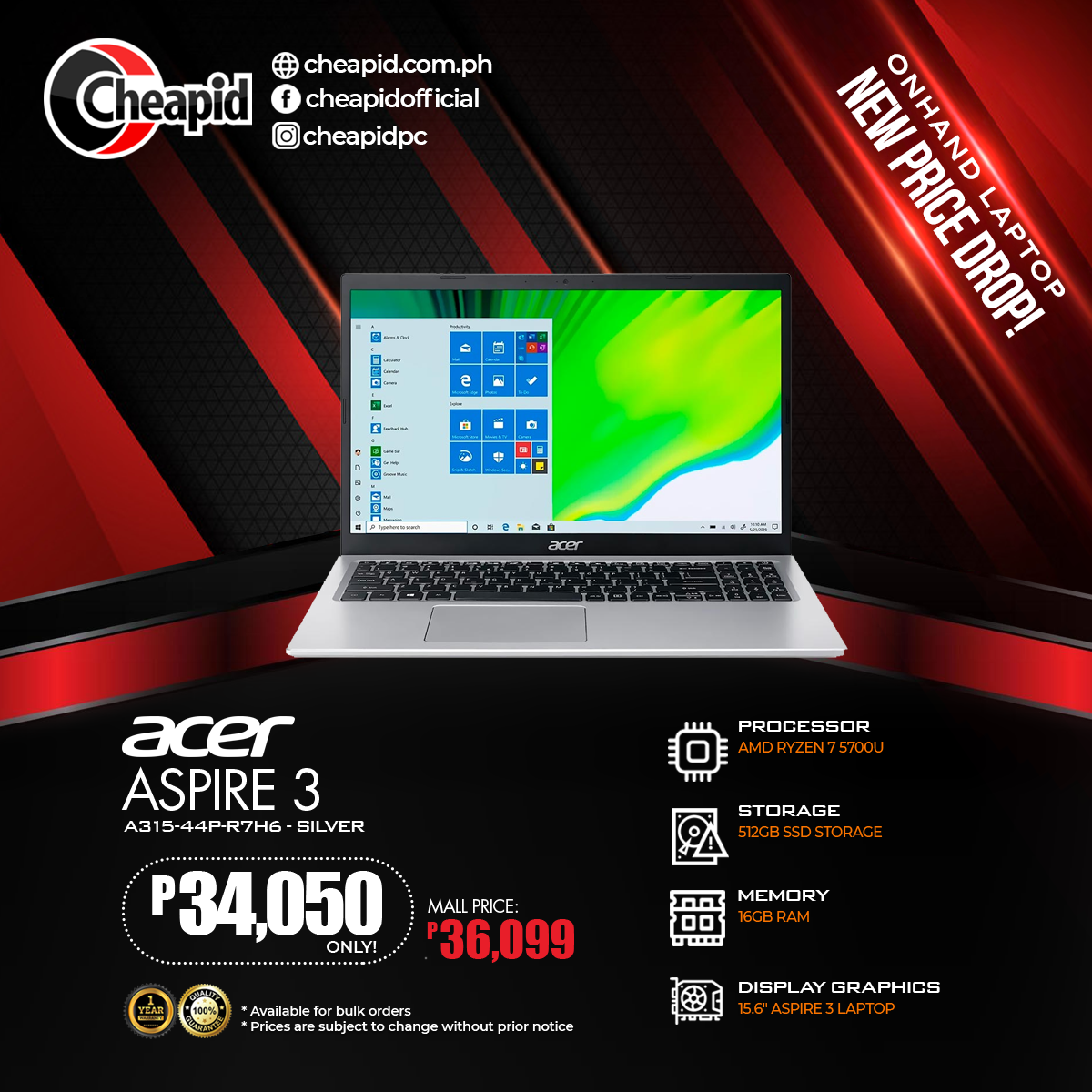 Acer Aspire 3 15.6 Inches FHD Laptop with  AMD Ryzen 7 5700U 16GB RAM 512GB SSD Storage Windows 11 Home - Silver (A315-44P-R7H6)