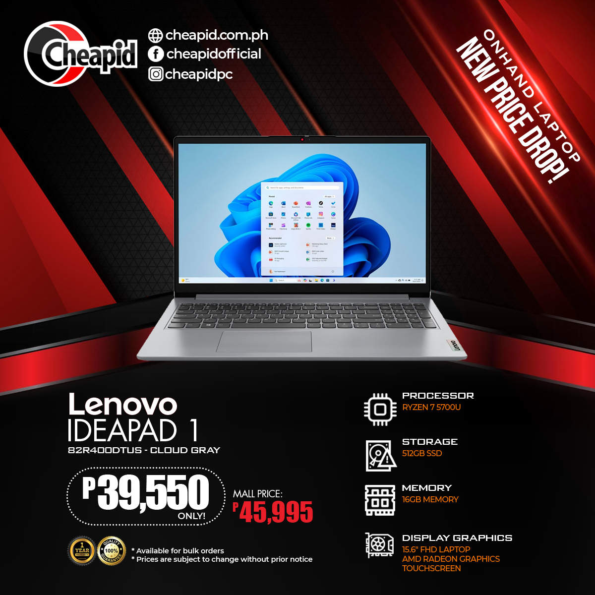 Lenovo Ideapad 1 15.6 Inches Laptop with AMD Ryzen 7 5700U AMD Radeon Graphics 512GB SSD 16GB Memory Touchscreen Windows 11 Home - Cloud Gray (82R400DTUS)